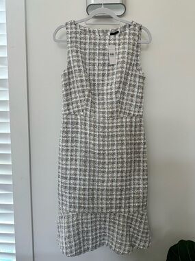 Ann Taylor Gray and White Tweed Midi Sheath Dress